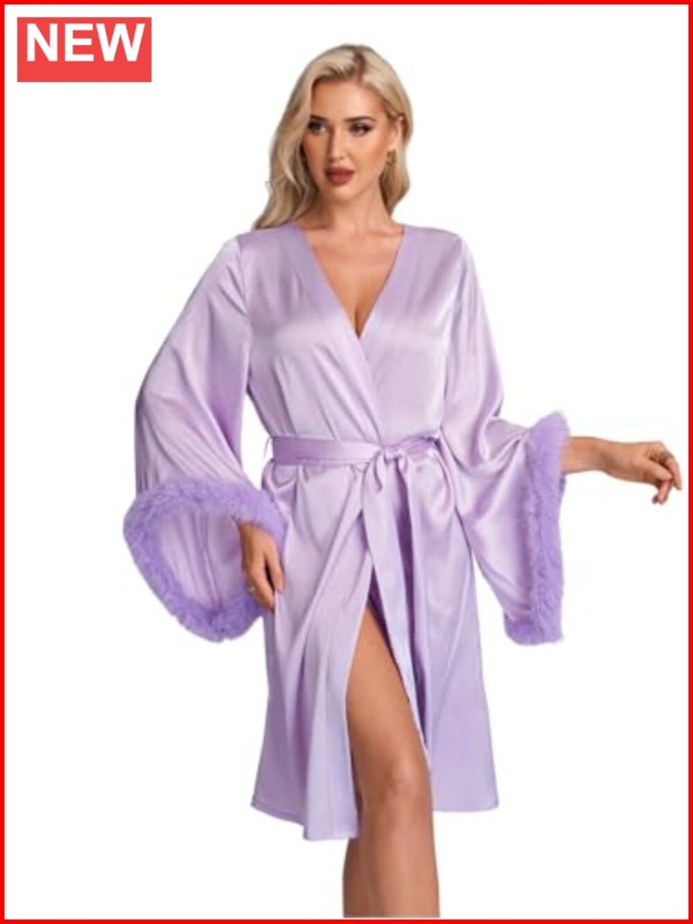Satin Robe Faux Fur Trim Bell Sleeve Bridal Wedding Dressing Gown